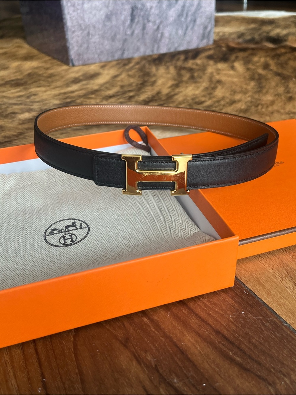 Authentic Hermes Reversible Black/Tan Leather Belt with Gold H Buckle Women’s
